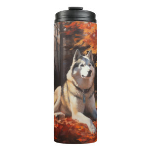 Siberische Husky in herfstbladeren val inspireert Thermosbeker
