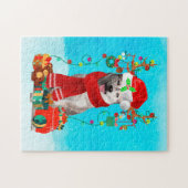 Siberische husky in sneeuw met kerstcadeaus legpuzzel (Horizontaal)