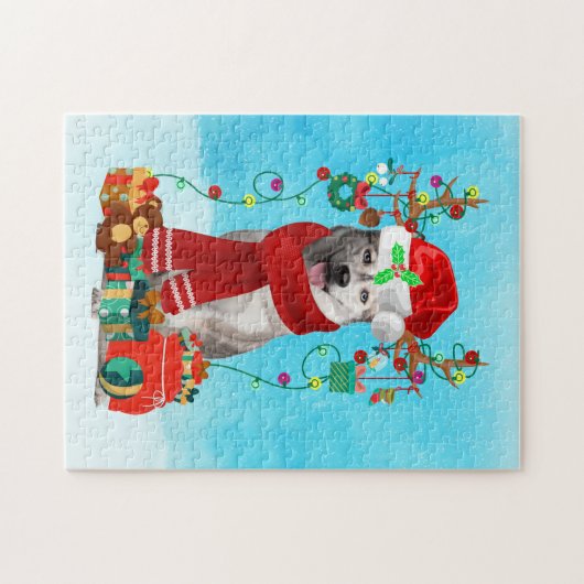 Siberische husky in sneeuw met kerstcadeaus legpuzzel (Horizontaal)