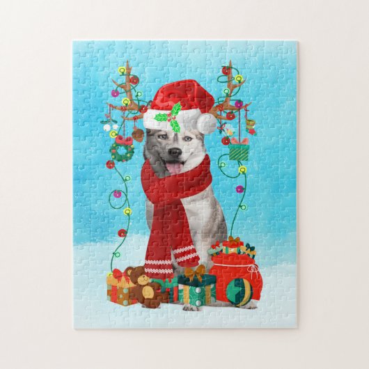 Siberische husky in sneeuw met kerstcadeaus legpuzzel (Verticaal)