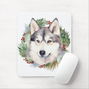 Siberische Husky Kerst Krans Festieve Pup Muismat