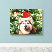 Siberische Husky Kerstboom Ornamenten Sneeuwman Canvas Afdruk (Insitu (Houten vloer))