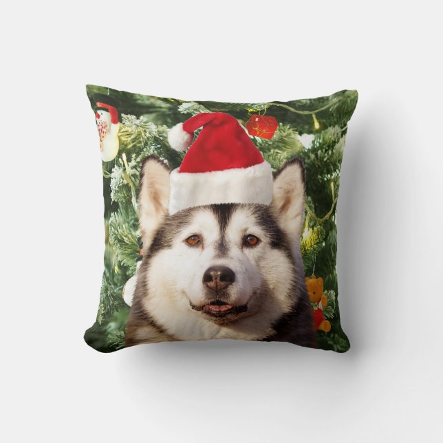 Siberische Husky Kerstboom Ornamenten Sneeuwman Kussen (Voorkant)