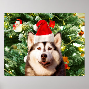 Siberische Husky Kerstboom Ornamenten Sneeuwman Poster