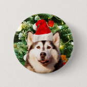 Siberische Husky Kerstboom Ornamenten Sneeuwman Ronde Button 5,7 Cm (Voorkant)