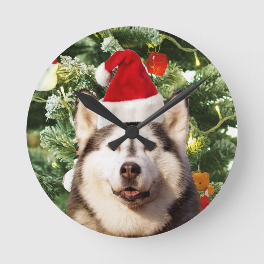 Siberische Husky Kerstboom Ornamenten Sneeuwman Ronde Klok (Voorkant)