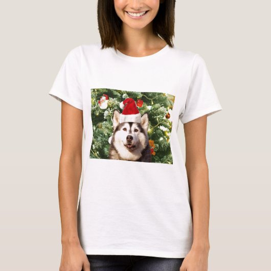 Siberische Husky Kerstboom Ornamenten Sneeuwman T-shirt (Voorkant)