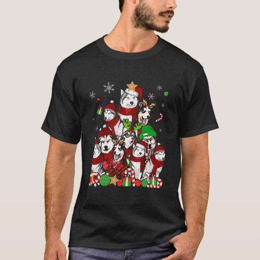 Siberische Husky Kerstboom T Shirt Xmas Gift Do (Voorkant)