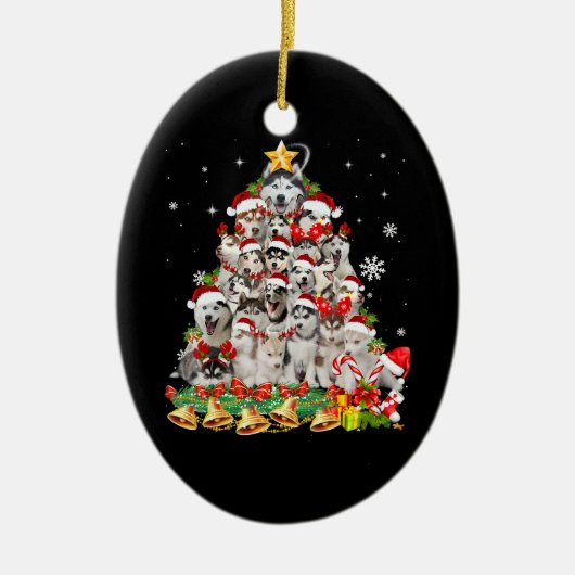 Siberische husky kerstboomverlichting | hondenoorl keramisch ornament (Voorkant)