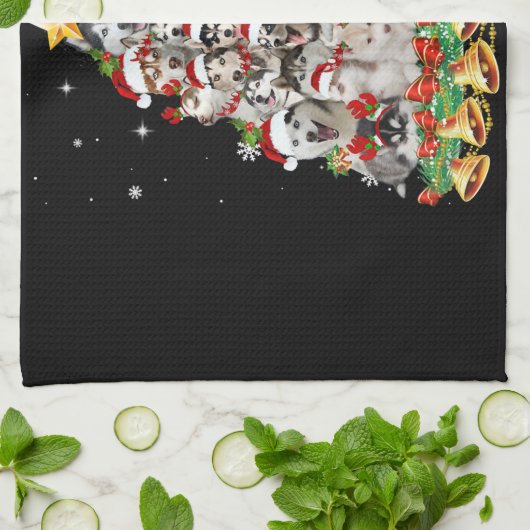 Siberische husky kerstboomverlichting | hondenoorl theedoek (Gevouwen)