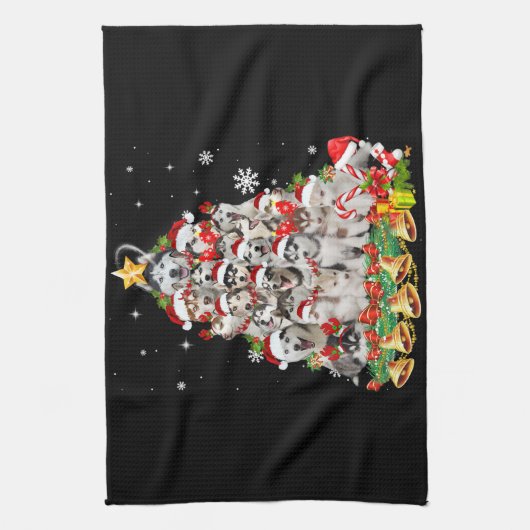 Siberische husky kerstboomverlichting | hondenoorl theedoek (Verticaal)