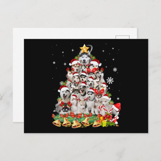 Siberische husky kerstboomverlichting | hondenoorl uitnodiging briefkaart (Voorkant / Achterkant)