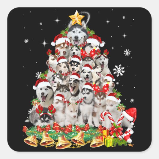 Siberische husky kerstboomverlichting | hondenoorl vierkante sticker (Voorkant)