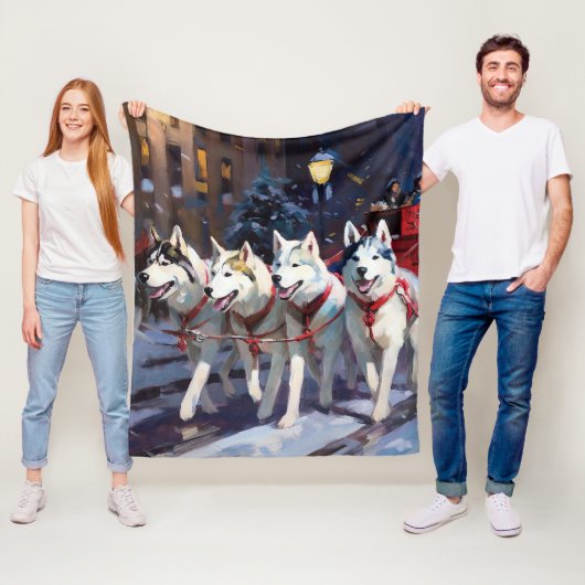 Siberische Husky Kerstfeest Seizoen Fleece Deken (In situ)