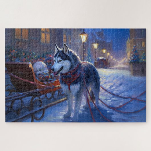 Siberische Husky Kerstfeest Seizoen Legpuzzel (Horizontaal)