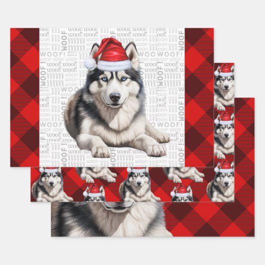 Siberische Husky Kersthond Red Buffalo Plaid Inpakpapier Vel (Set)