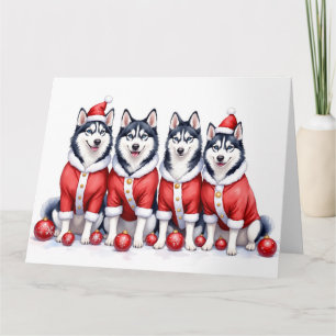 Siberische Husky Kerstjurk Kerstman Hoed Kaart