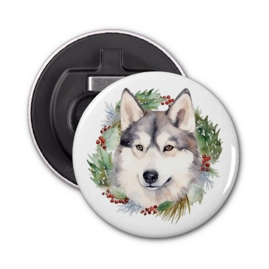 Siberische Husky Kerstkrans Feestelijke Pup Button Flesopener (Voorkant)