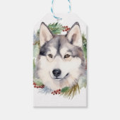 Siberische Husky Kerstkrans Feestelijke Pup Cadeaulabel (Voorkant)