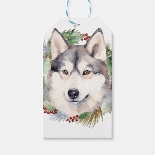 Siberische Husky Kerstkrans Feestelijke Pup Cadeaulabel (Voorkant)