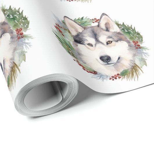 Siberische Husky Kerstkrans Feestelijke Pup Cadeaupapier (Rol Hoek)
