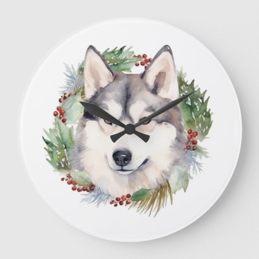 Siberische Husky Kerstkrans Feestelijke Pup Grote Klok (Voorkant)