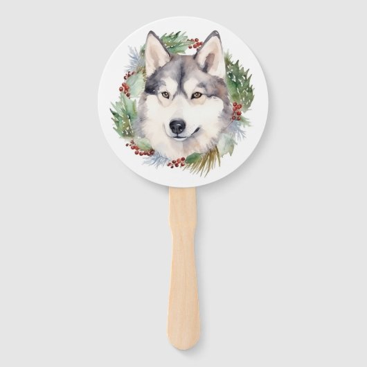 Siberische Husky Kerstkrans Feestelijke Pup Handwaaier (Achterkant)
