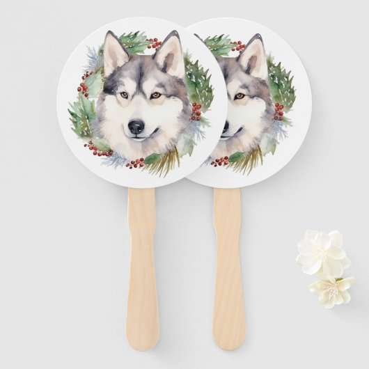 Siberische Husky Kerstkrans Feestelijke Pup Handwaaier (Voorkant en achterkant)