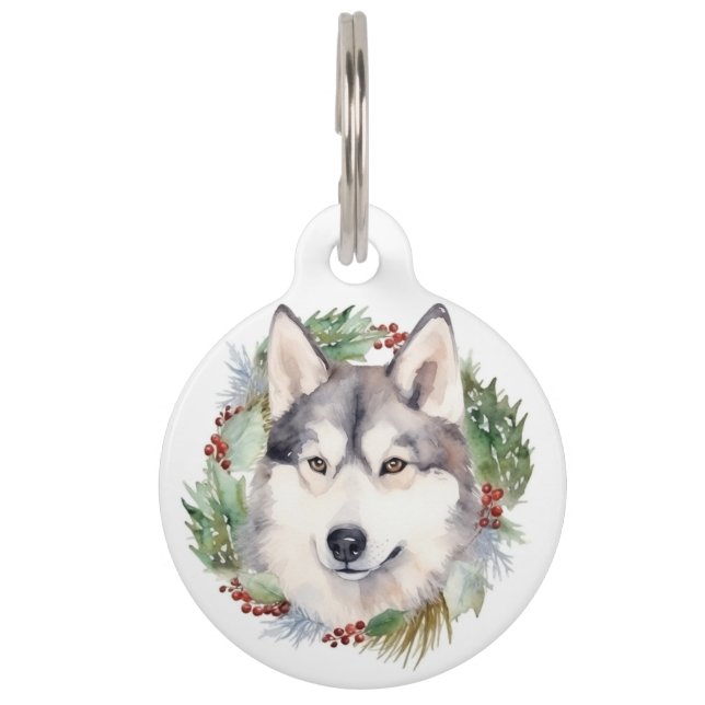 Siberische Husky Kerstkrans Feestelijke Pup Huisdierpenning (Voorkant)