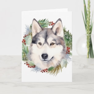 Siberische Husky Kerstkrans Feestelijke Pup Kaart