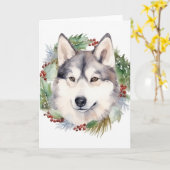 Siberische Husky Kerstkrans Feestelijke Pup Kaart (Gele Bloem)
