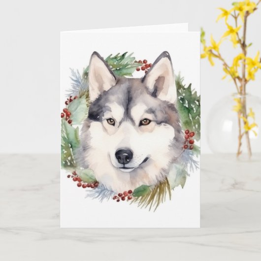 Siberische Husky Kerstkrans Feestelijke Pup Kaart (Gele Bloem)
