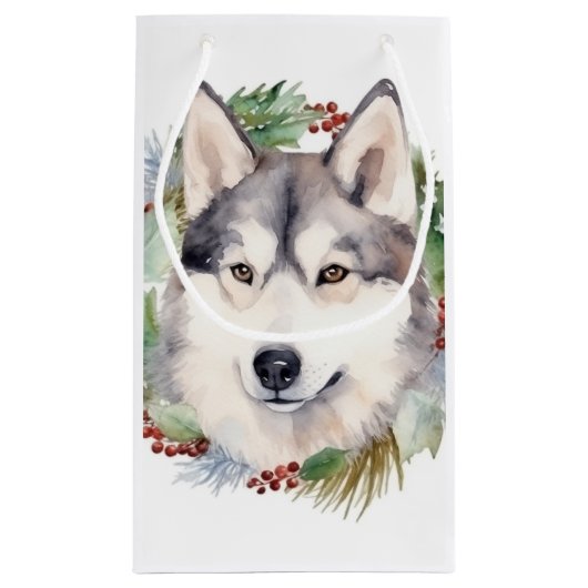 Siberische Husky Kerstkrans Feestelijke Pup Klein Cadeauzakje (Achterkant)