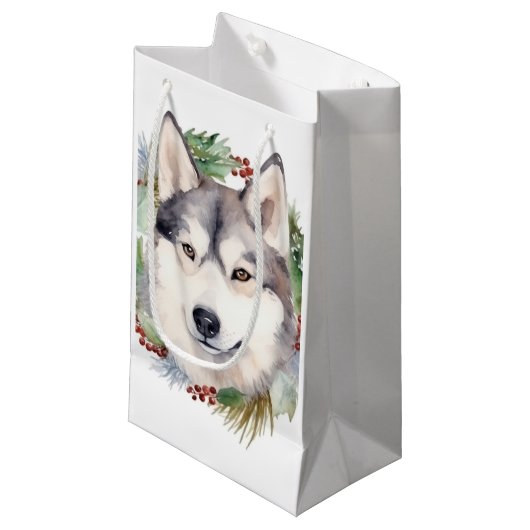 Siberische Husky Kerstkrans Feestelijke Pup Klein Cadeauzakje (Voorkant Gekanteld)