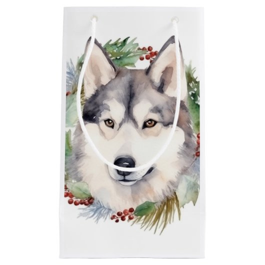 Siberische Husky Kerstkrans Feestelijke Pup Klein Cadeauzakje (Voorkant)