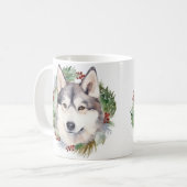 Siberische Husky Kerstkrans Feestelijke Pup Koffiemok (Voorkant links)
