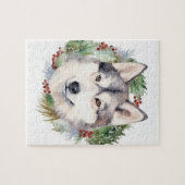 Siberische Husky Kerstkrans Feestelijke Pup Legpuzzel (Horizontaal)