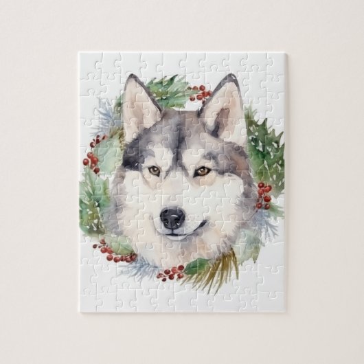 Siberische Husky Kerstkrans Feestelijke Pup Legpuzzel (Verticaal)