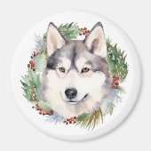 Siberische Husky Kerstkrans Feestelijke Pup Magneet (Voorkant)