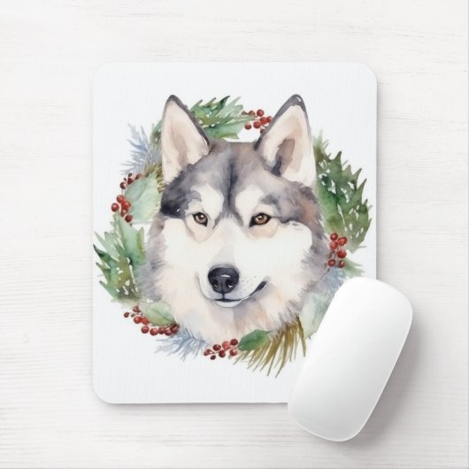 Siberische Husky Kerstkrans Feestelijke Pup Muismat (Met muis)