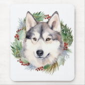 Siberische Husky Kerstkrans Feestelijke Pup Muismat (Voorkant)