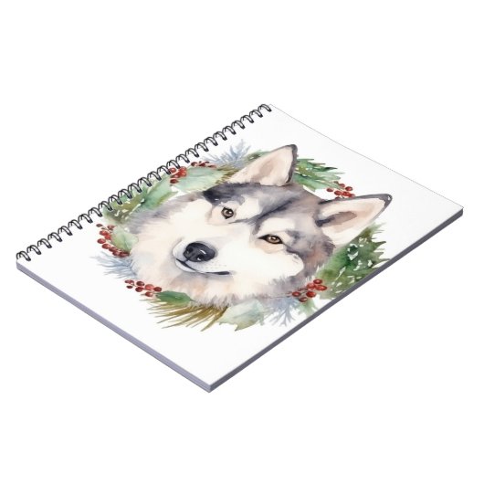 Siberische Husky Kerstkrans Feestelijke Pup Notitieboek (Linkerzijde)