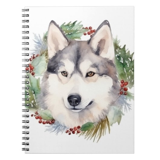 Siberische Husky Kerstkrans Feestelijke Pup Notitieboek (Voorkant)