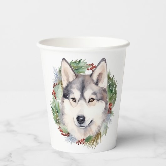 Siberische Husky Kerstkrans Feestelijke Pup Papieren Bekers (Achterkant)