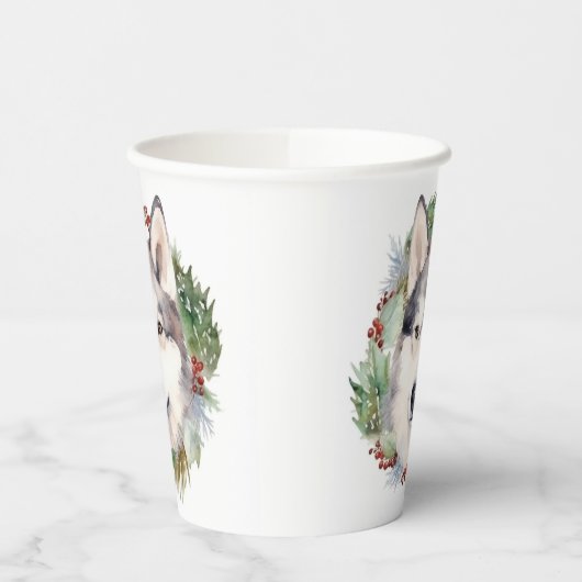 Siberische Husky Kerstkrans Feestelijke Pup Papieren Bekers (Links)