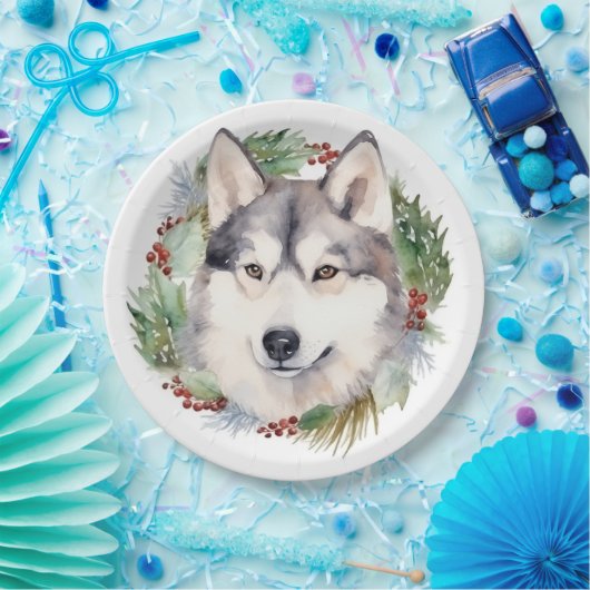 Siberische Husky Kerstkrans Feestelijke Pup Papieren Bordje (Feest)