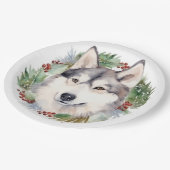 Siberische Husky Kerstkrans Feestelijke Pup Papieren Bordje (Gekanteld)