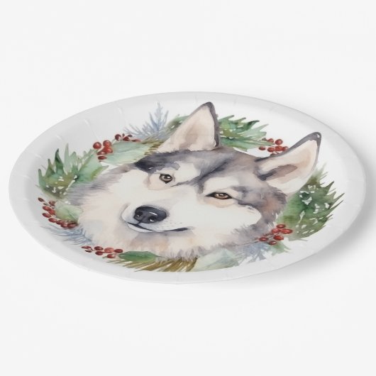 Siberische Husky Kerstkrans Feestelijke Pup Papieren Bordje (Gekanteld)