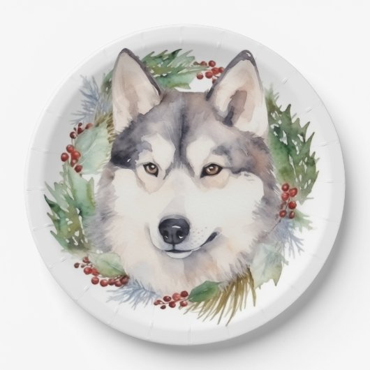 Siberische Husky Kerstkrans Feestelijke Pup Papieren Bordje (Voorkant)