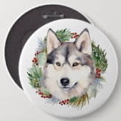 Siberische Husky Kerstkrans Feestelijke Pup Ronde Button 6,0 Cm (Voorkant /achterkant)